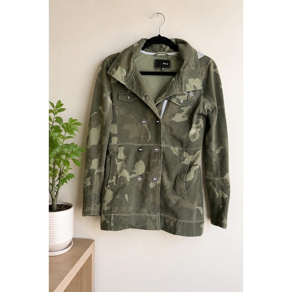 Hurley Women's Camo Utility‎ Jacket Sz M Gray Hood Double Breasted Y2K Military